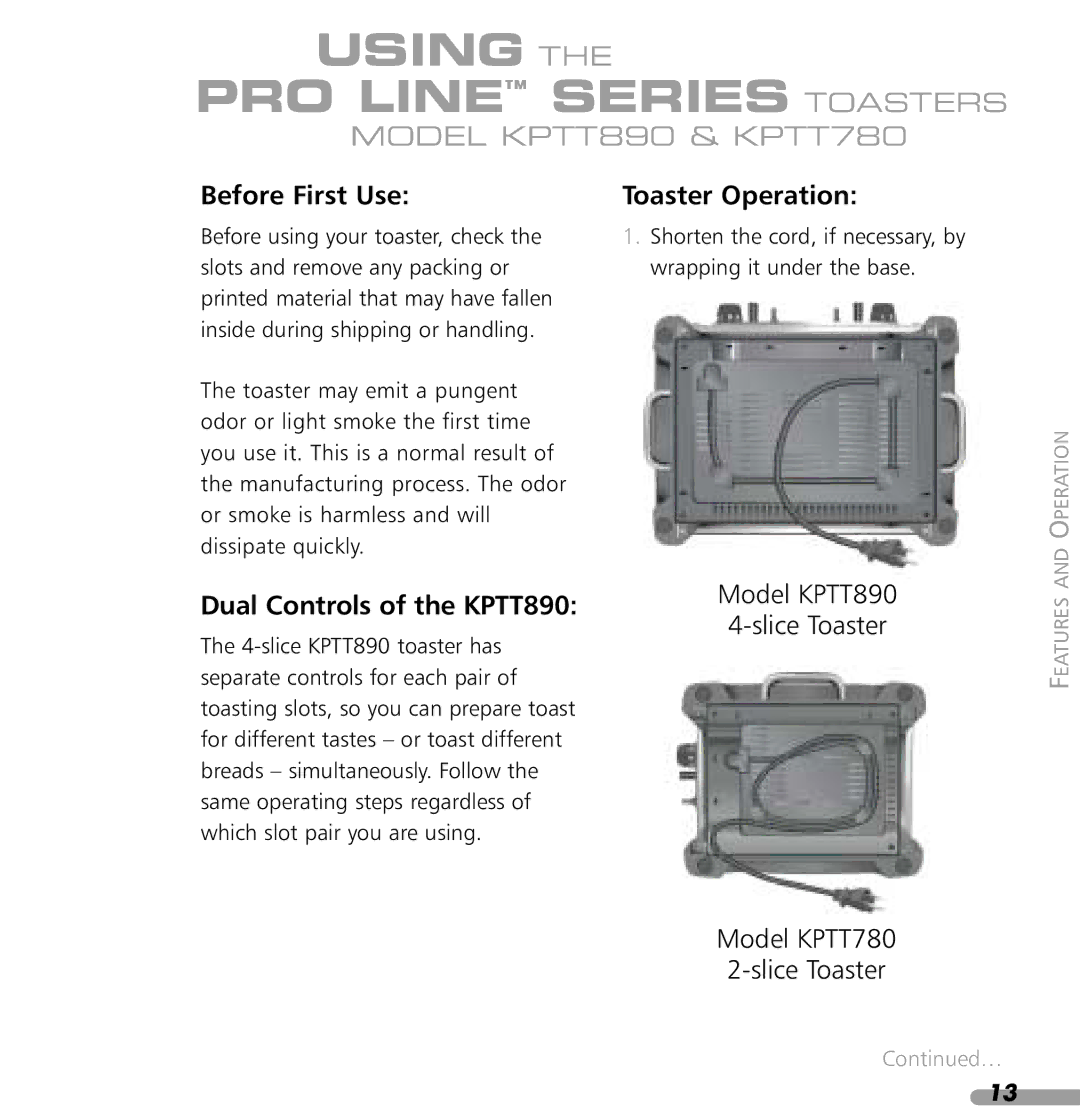 KitchenAid KPTT890, KPTT780 manual Using PRO Line Series Toasters, Before First Use 