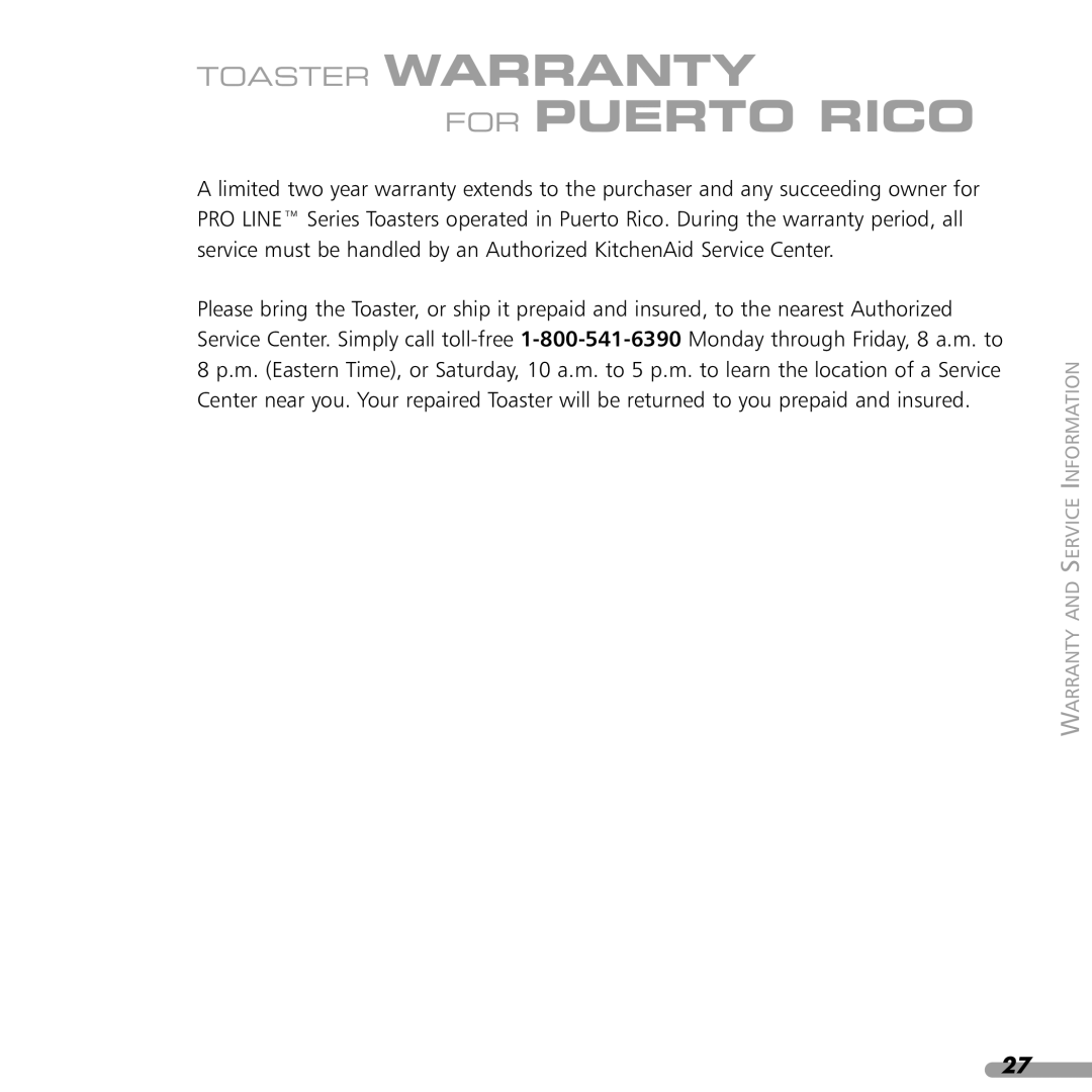 KitchenAid KPTT780, KPTT890 manual For Puerto Rico 