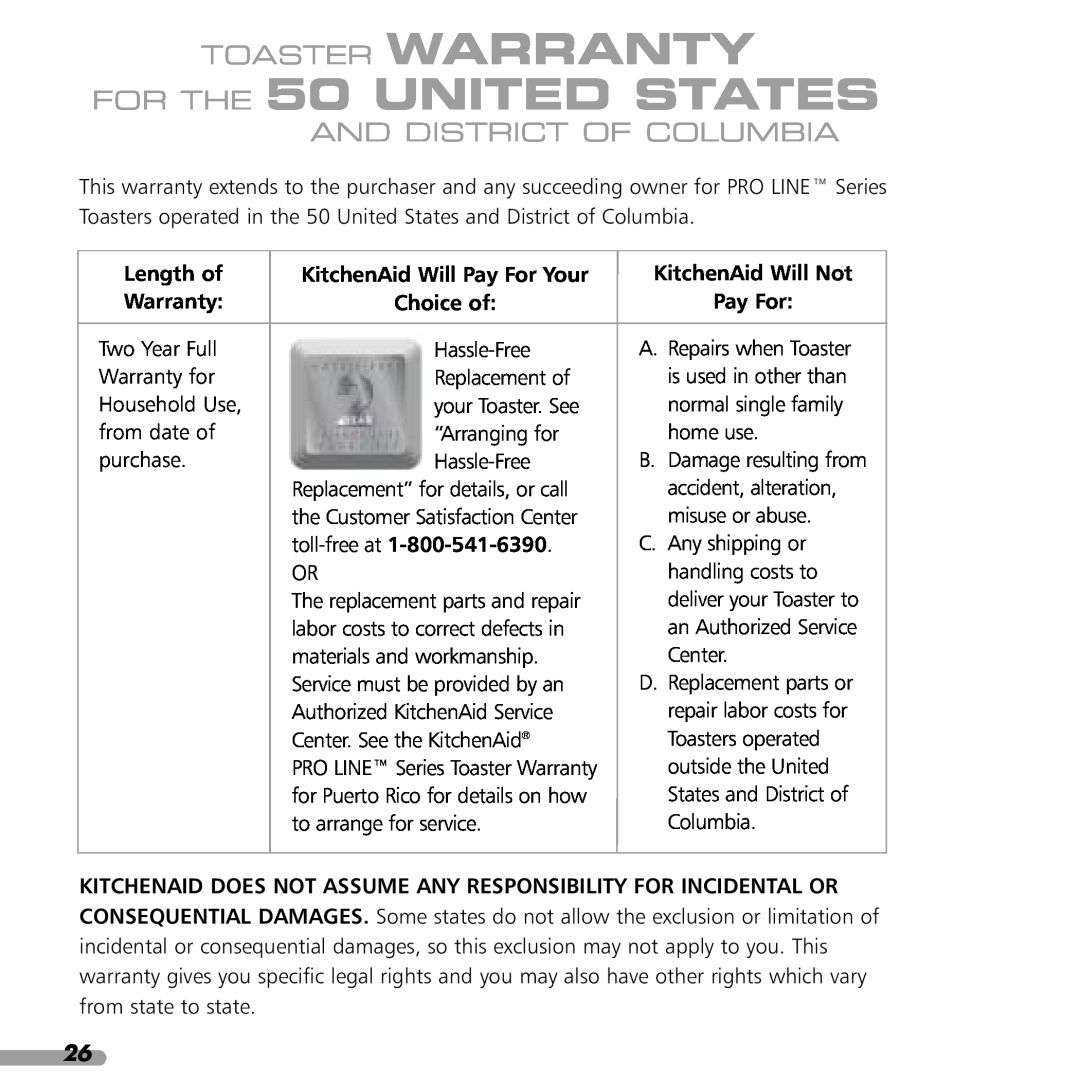 KitchenAid KPTT890, KPTT780 manual FOR THE 50 UNITED STATES, Toaster Warranty, And District Of Columbia, Length of Warranty 
