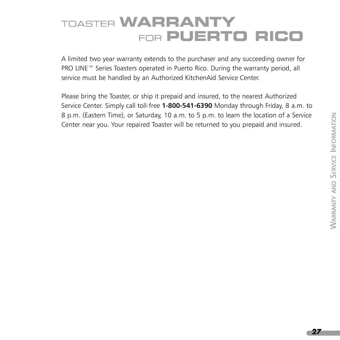KitchenAid KPTT780, KPTT890 manual For Puerto Rico, Toaster Warranty, Warranty And Service Information 