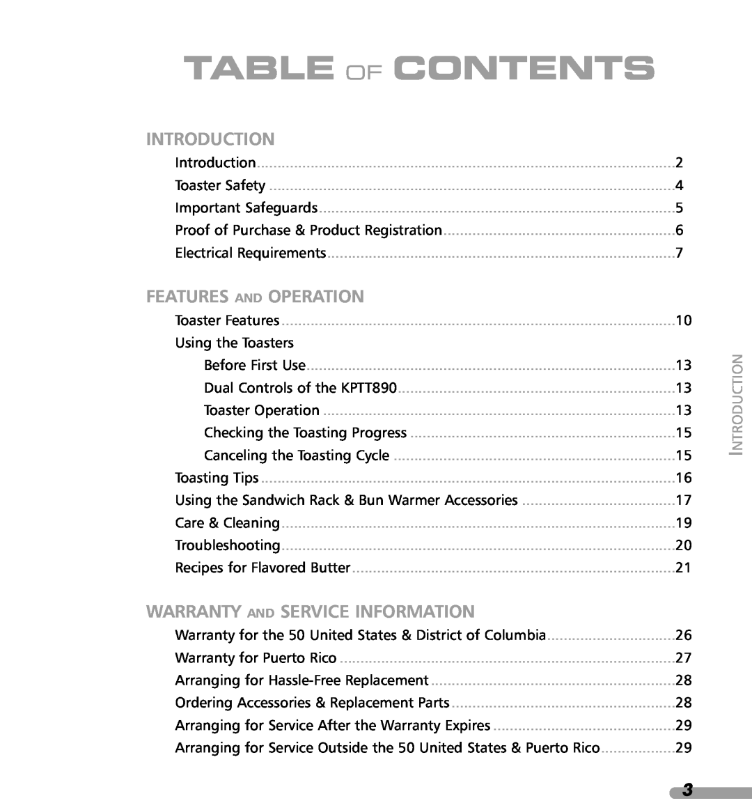 KitchenAid KPTT780, KPTT890 manual Table Of Contents, Introduction, Features And Operation, Warranty And Service Information 