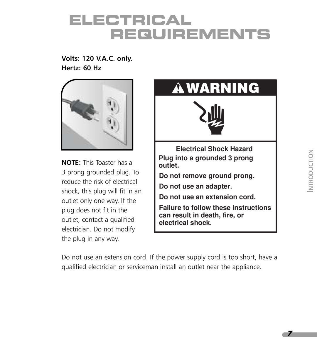 KitchenAid KPTT780, KPTT890 manual Electrical Requirements, Volts 120 V.A.C. only Hertz 60 Hz, Do not use an extension cord 