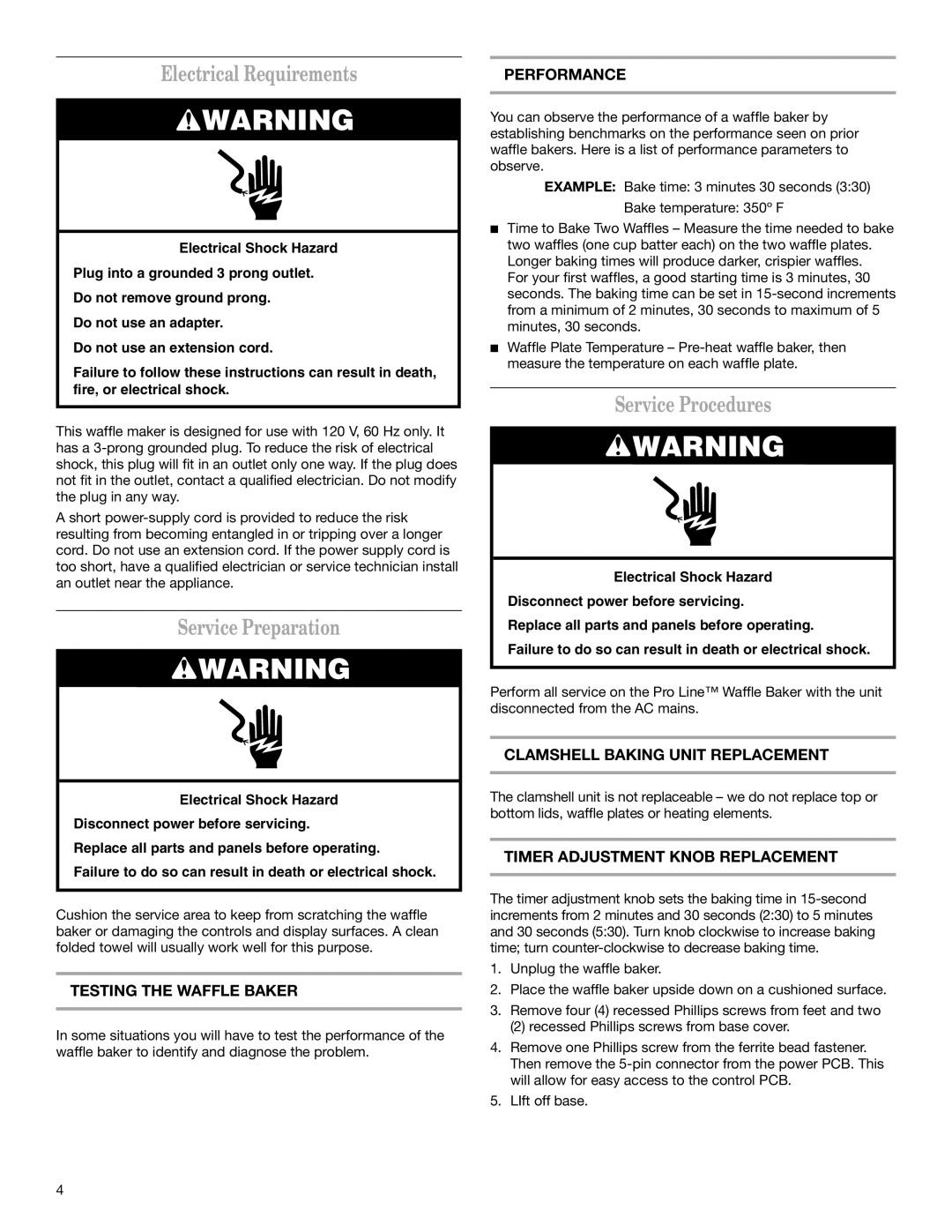 KitchenAid KPWB100 service manual Electrical Requirements, Service Preparation, Service Procedures 