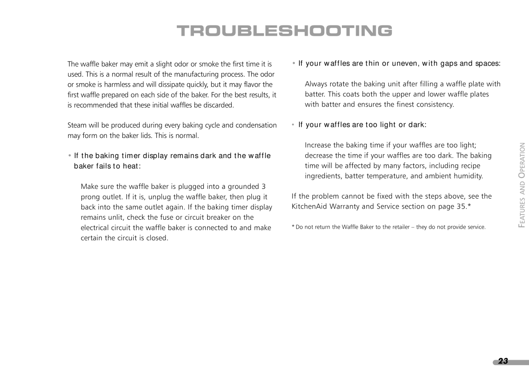 KitchenAid KPWB100 manual Troubleshooting, If your waffles are thin or uneven, with gaps and spaces 