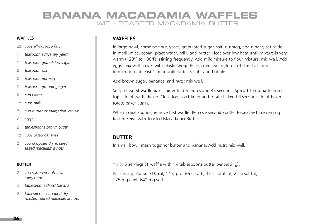 KitchenAid KPWB100 manual Banana Macadamia Waffles, With Toasted Macadamia Butter 