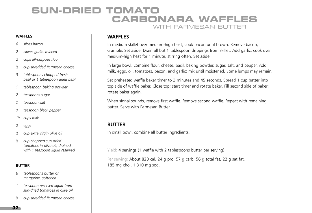 KitchenAid KPWB100 manual SUN-DRIED Tomato Carbonara Waffles, With Parmesan Butter 