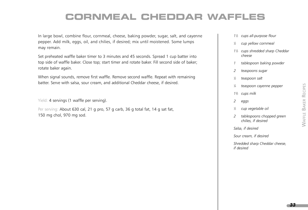 KitchenAid KPWB100 manual Cornmeal Cheddar Waffles 