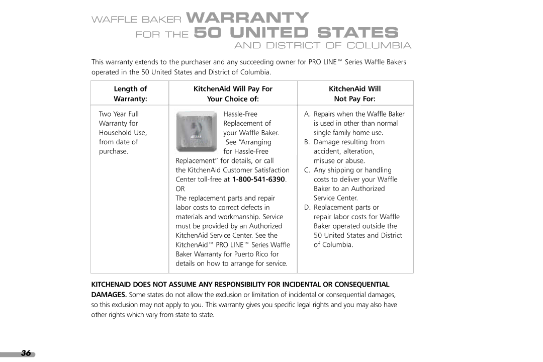 KitchenAid KPWB100 manual For the 50 United States, Waffle Baker Warranty, District of Columbia, Length Warranty 