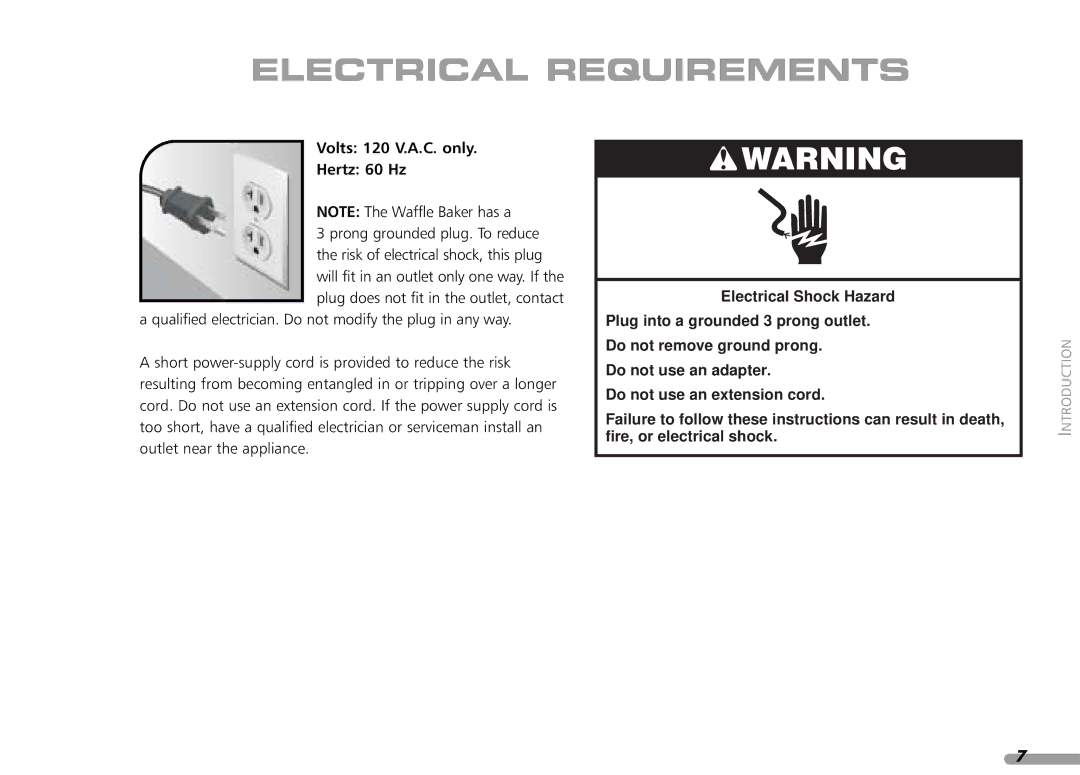 KitchenAid KPWB100 manual Electrical Requirements, Volts 120 V.A.C. only Hertz 60 Hz 