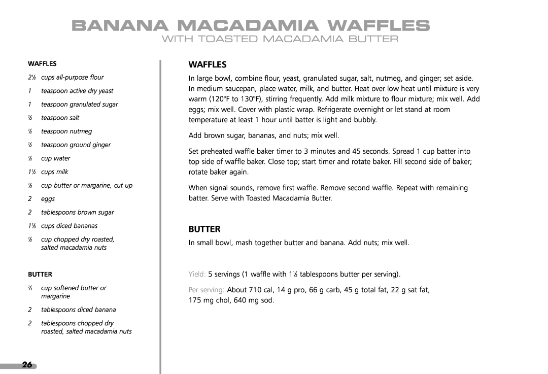 KitchenAid KPWB100 manual Banana Macadamia Waffles, With Toasted Macadamia Butter 