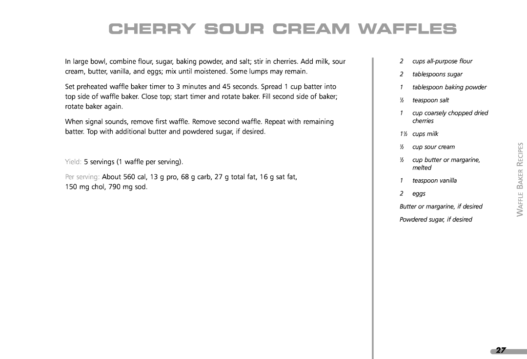 KitchenAid KPWB100 manual Cherry Sour Cream Waffles 