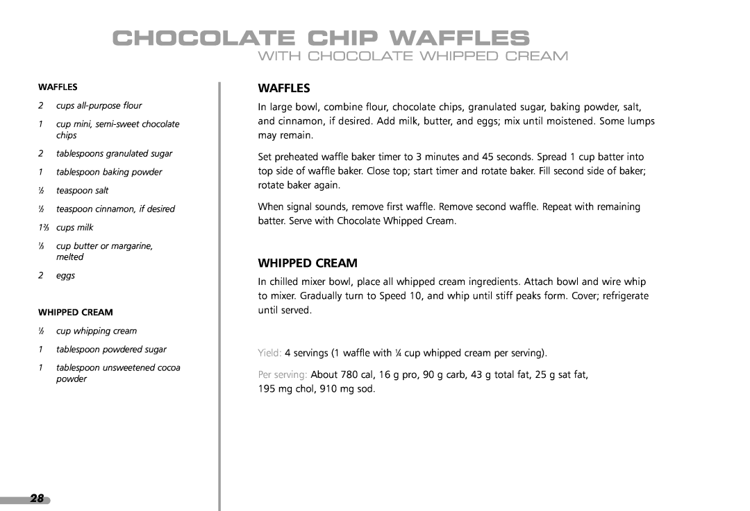 KitchenAid KPWB100 manual Chocolate Chip Waffles, With Chocolate Whipped Cream 