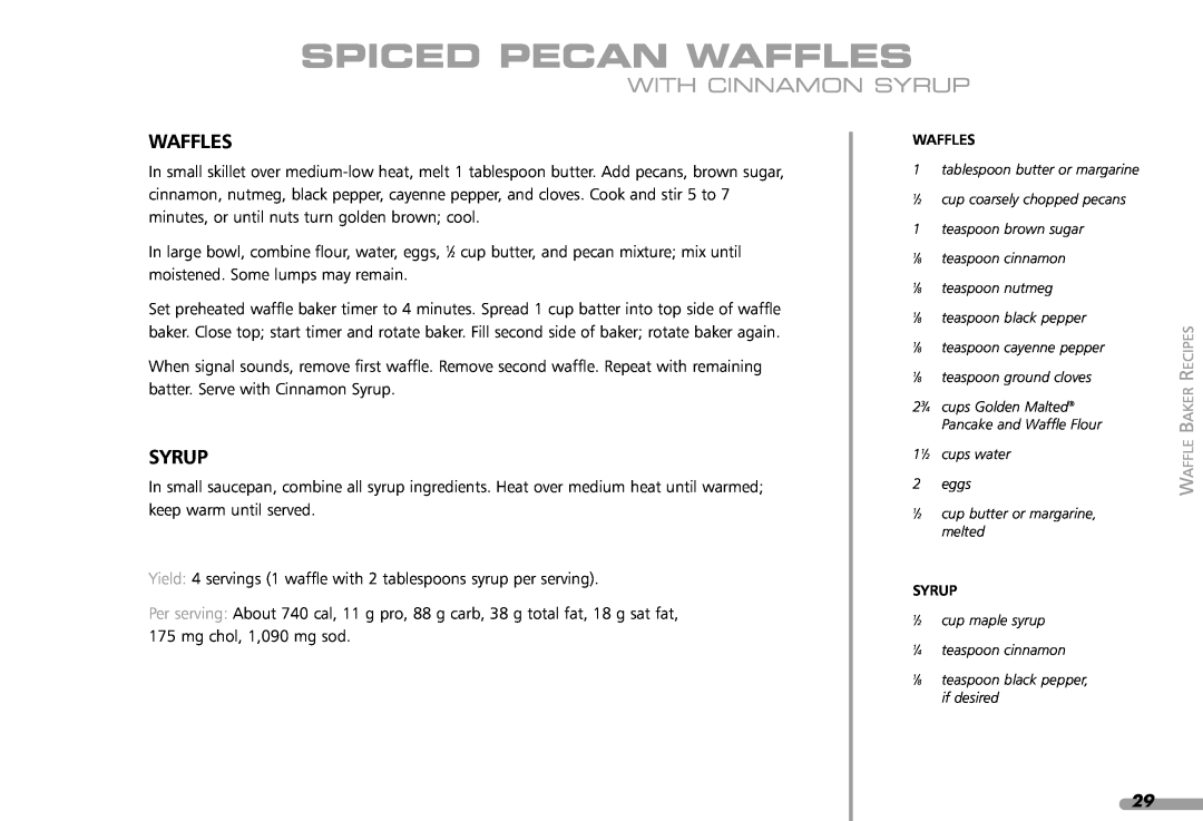 KitchenAid KPWB100 manual Spiced Pecan Waffles, With Cinnamon Syrup 