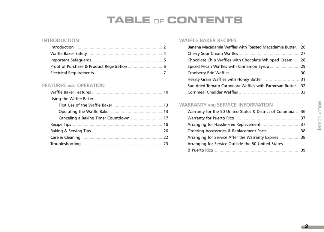 KitchenAid KPWB100 manual Table Of Contents, Introduction, Waffle Baker Recipes, Features And Operation 