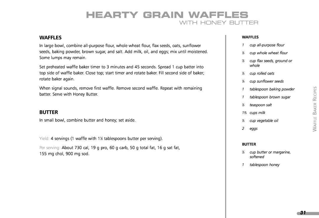 KitchenAid KPWB100 manual Hearty Grain Waffles, With Honey Butter 