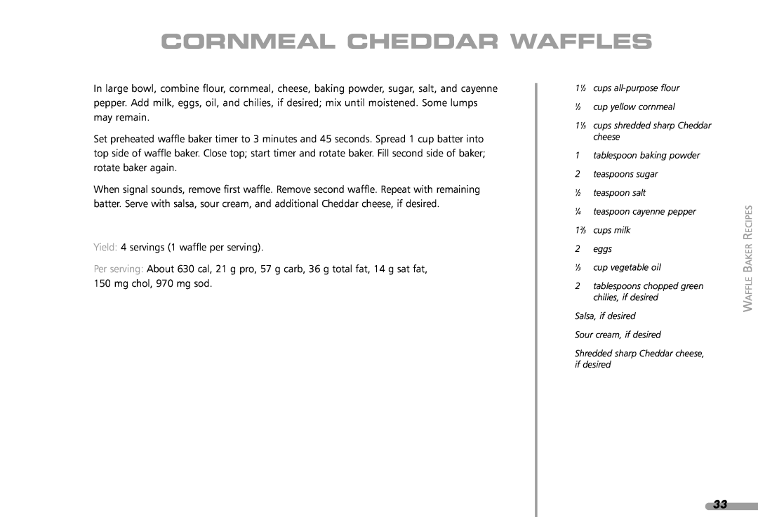 KitchenAid KPWB100 manual Cornmeal Cheddar Waffles 