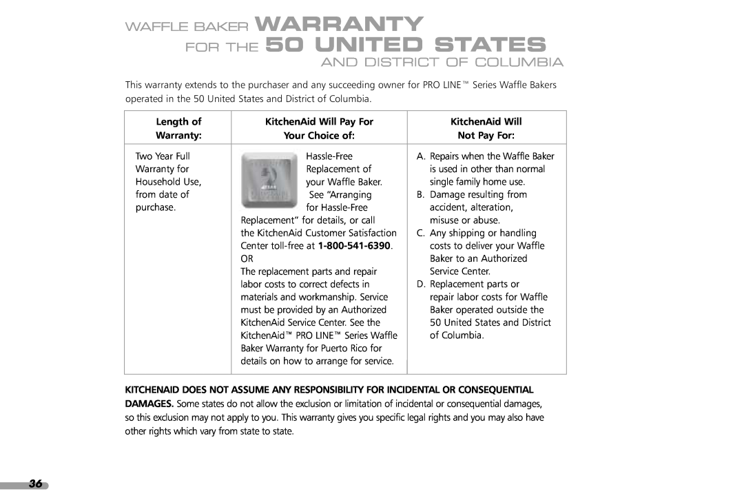 KitchenAid KPWB100 manual FOR THE 50 UNITED STATES, Waffle Baker Warranty, And District Of Columbia, Length of Warranty 