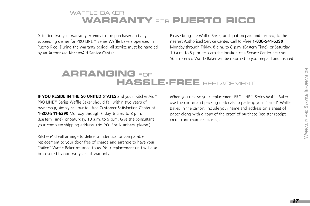 KitchenAid KPWB100 manual Warranty For Puerto Rico, Arranging For Hassle-Free Replacement, Waffle Baker 