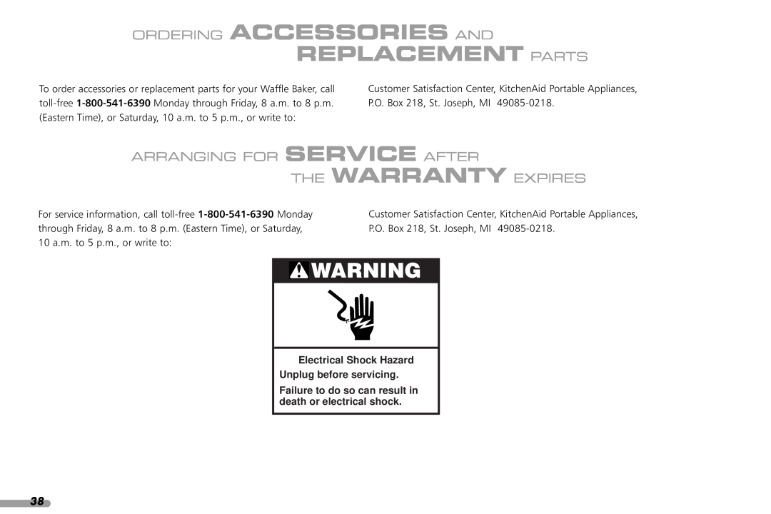 KitchenAid KPWB100 manual Replacement Parts, Ordering Accessories And, Arranging For Service After The Warranty Expires 