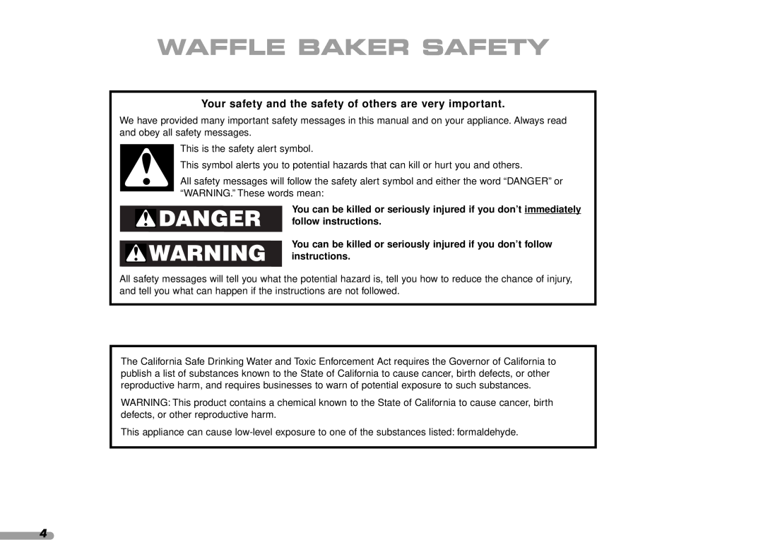 KitchenAid KPWB100 manual Waffle Baker Safety, Danger, Your safety and the safety of others are very important 