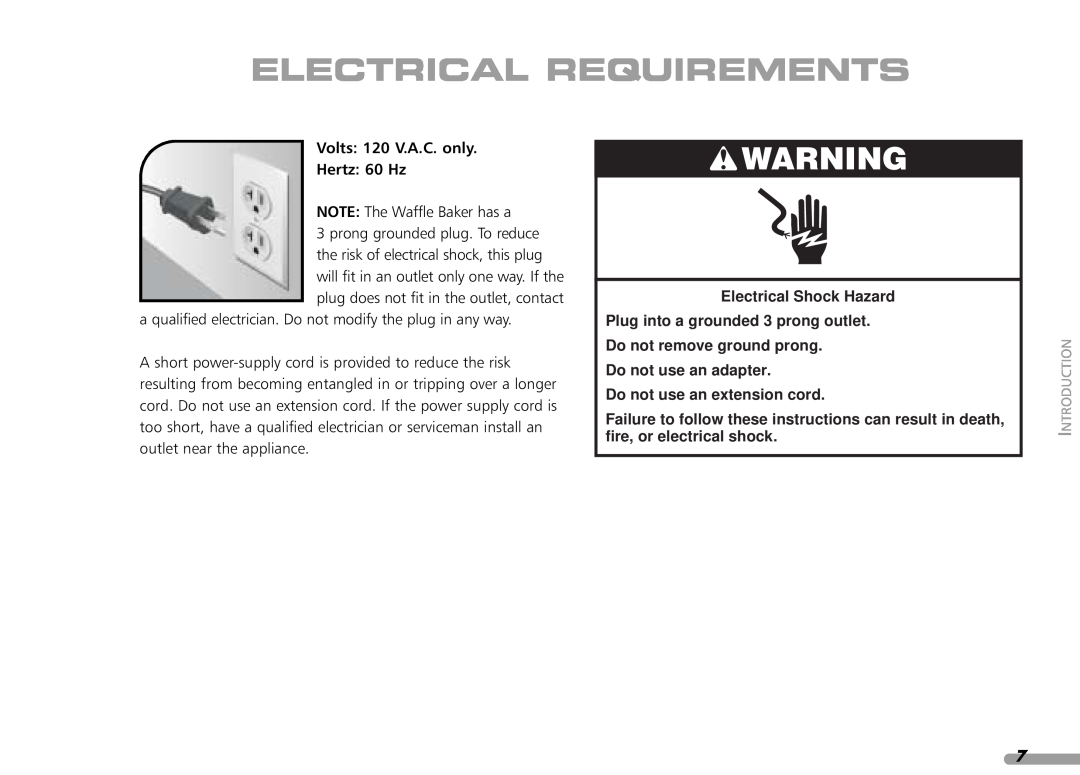 KitchenAid KPWB100 manual Electrical Requirements, Volts 120 V.A.C. only Hertz 60 Hz, Do not use an extension cord 