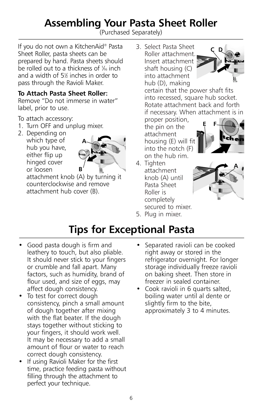 KitchenAid KRAV manual Assembling Your Pasta Sheet Roller, Tips for Exceptional Pasta 