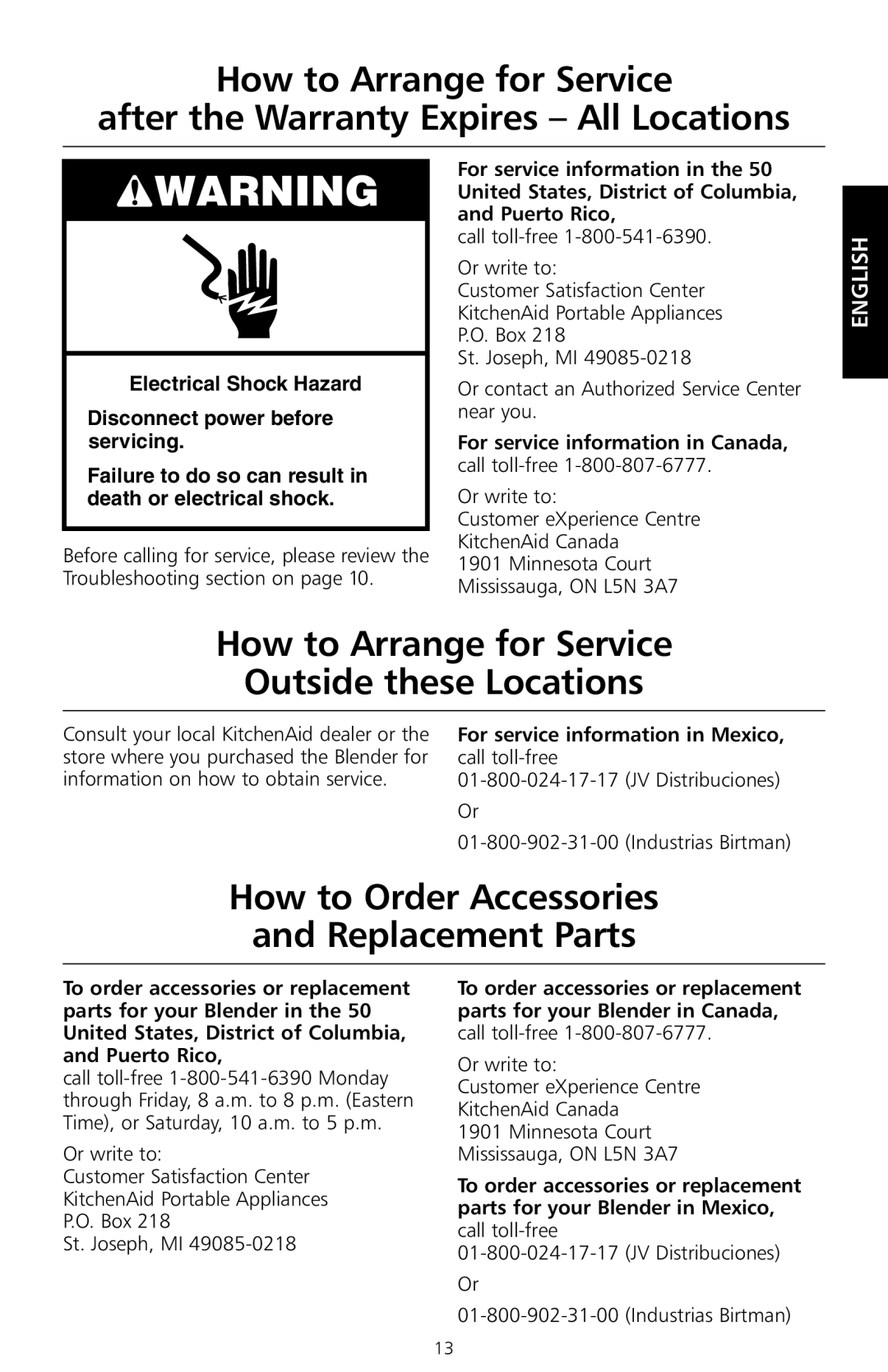 KitchenAid KS8354 manual How to Arrange for Service Outside these Locations, How to Order Accessories Replacement Parts 