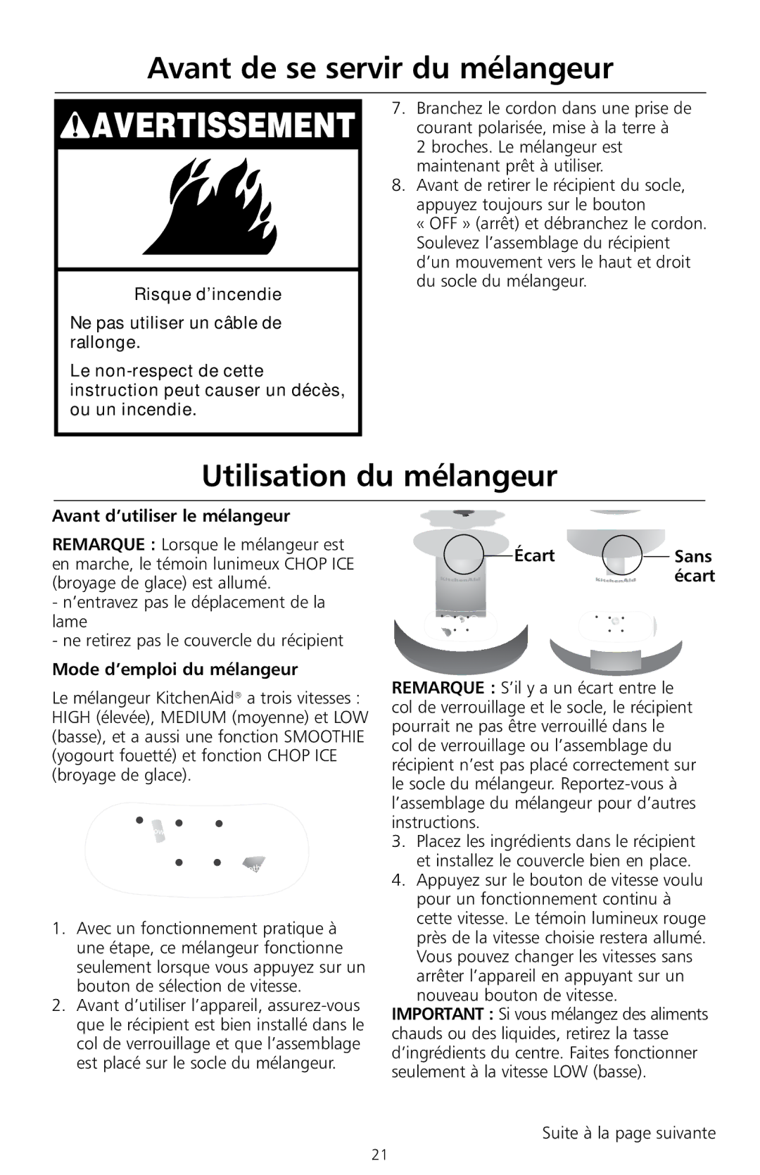 KitchenAid KS8354 manual Utilisation du mélangeur, Avant d’utiliser le mélangeur, Mode d’emploi du mélangeur 