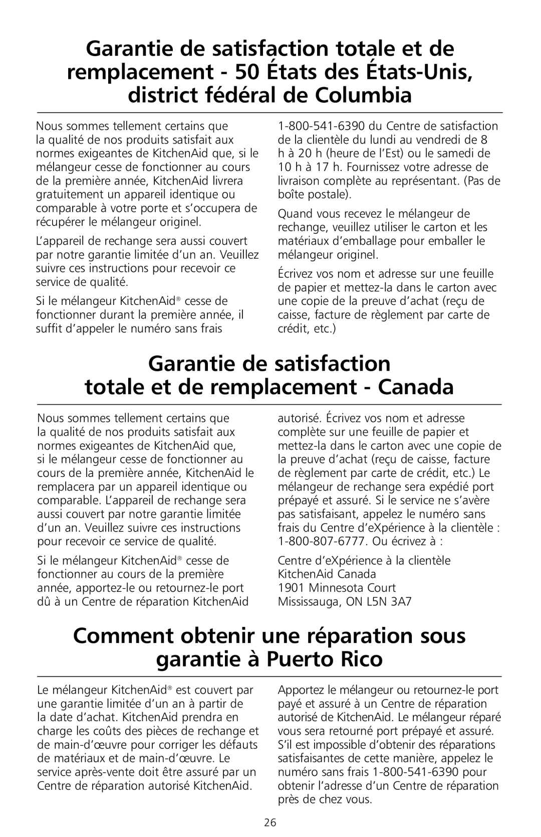 KitchenAid KS8354 manual Garantie de satisfaction Totale et de remplacement Canada 