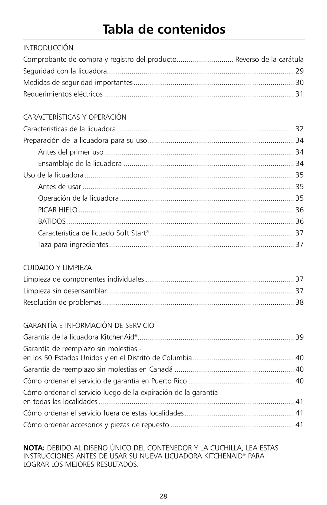 KitchenAid KS8354 manual Tabla de contenidos, Garantía de reemplazo sin molestias 