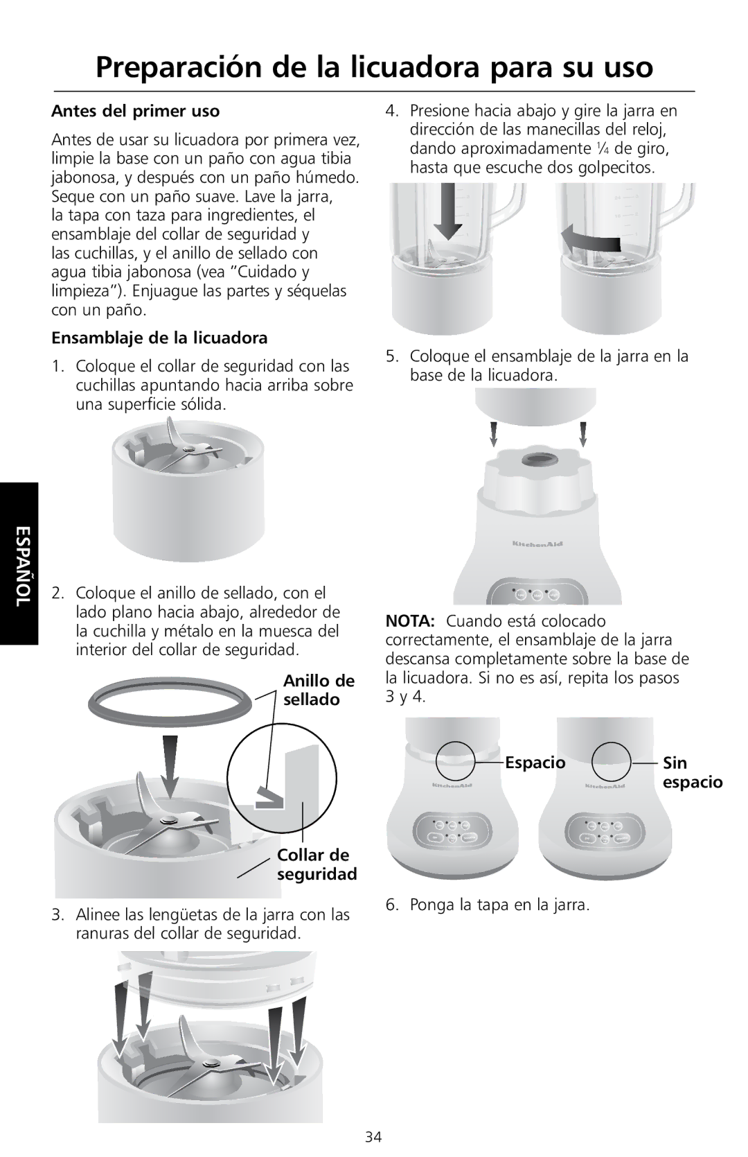 KitchenAid KS8354 manual Preparación de la licuadora para su uso, Antes del primer uso, Ensamblaje de la licuadora 