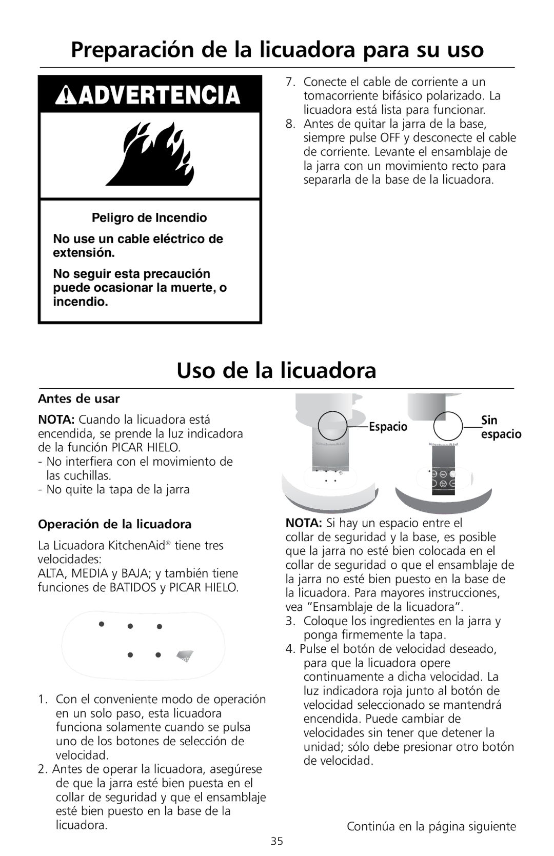 KitchenAid KS8354 manual Uso de la licuadora, Antes de usar, Operación de la licuadora 