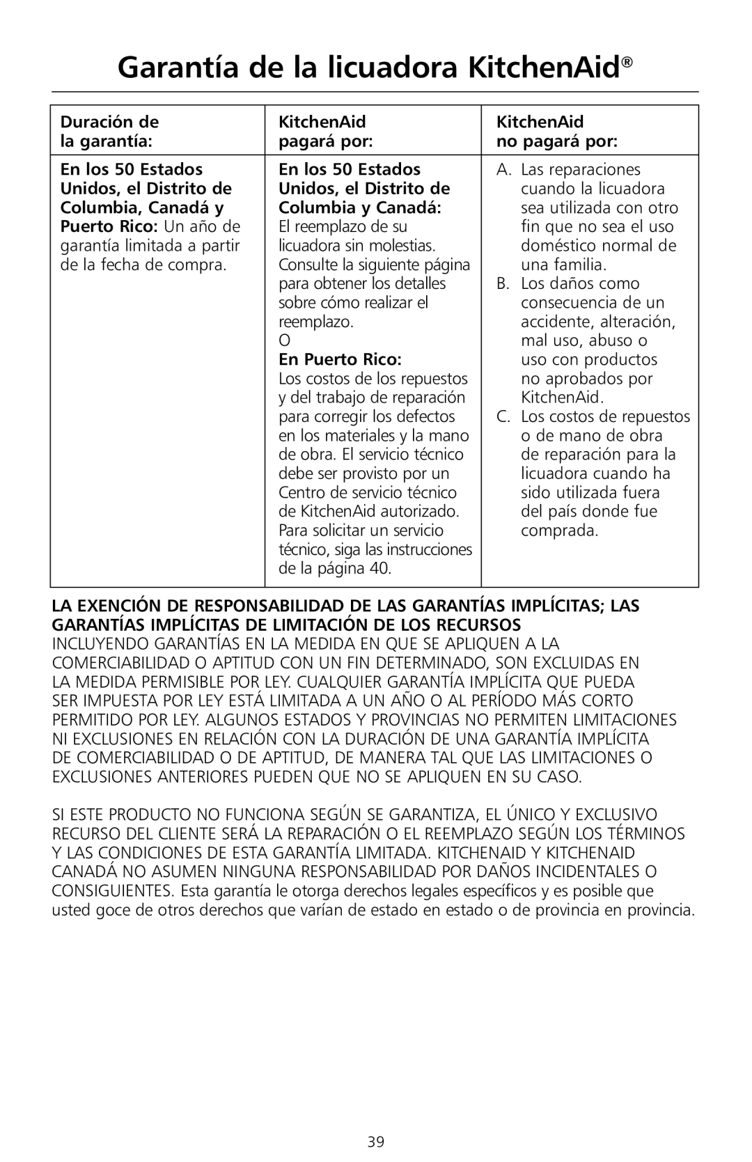 KitchenAid KS8354 manual Garantía de la licuadora KitchenAid, Unidos, el Distrito de, Columbia, Canadá y Columbia y Canadá 