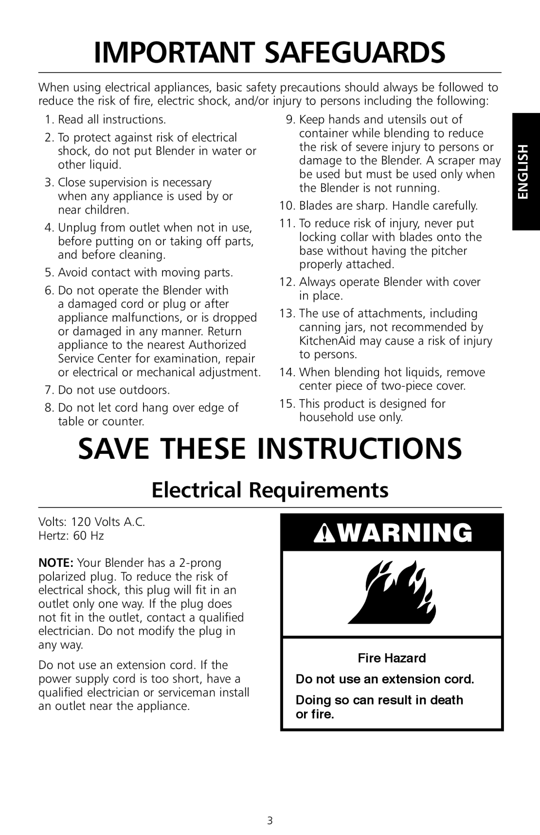 KitchenAid KS8354 manual Electrical Requirements, This product is designed for household use only 