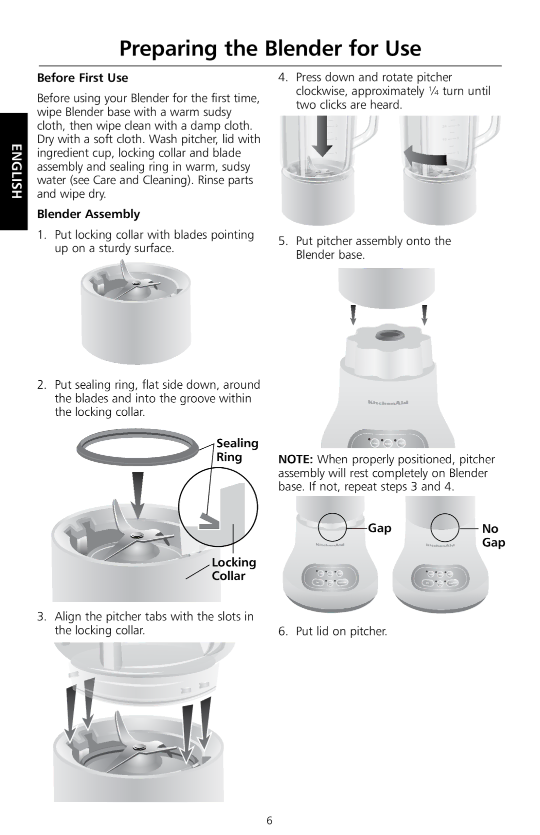 KitchenAid KS8354 Preparing the Blender for Use, Before First Use, Blender Assembly, Sealing Ring Locking Collar, Gap 