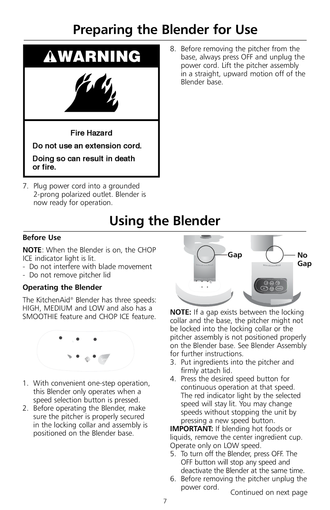 KitchenAid KS8354 manual Using the Blender, Before Use, Operating the Blender 