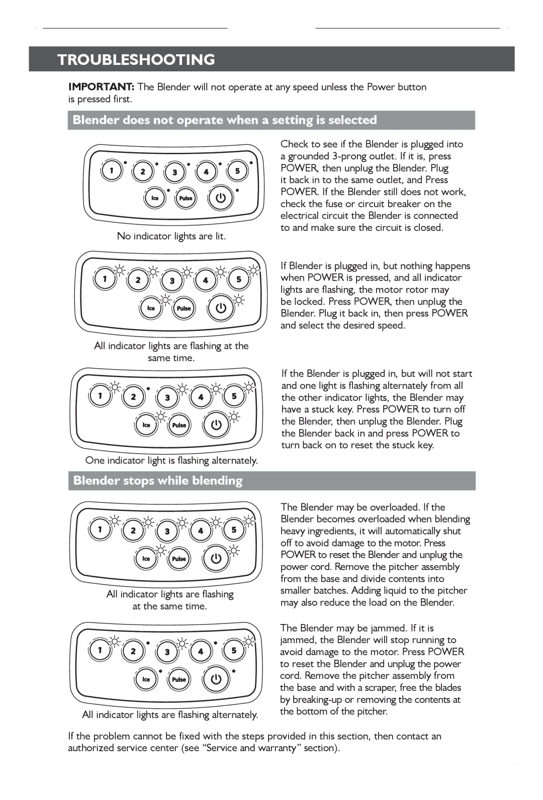 KitchenAid KSB1570 Troubleshooting, Blender does not operate when a setting is selected, Blender stops while blending 