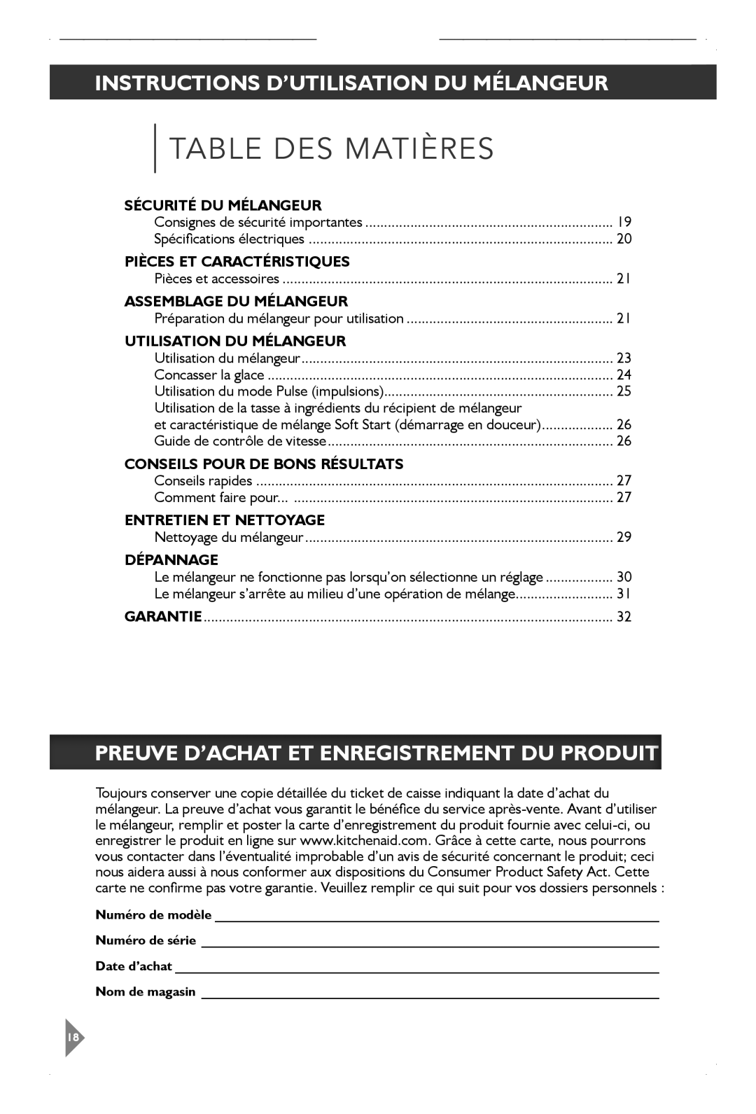 KitchenAid KSB1570 manual Instructions D’UTILISATION DU Mélangeur, Preuve D’ACHAT ET Enregistrement DU Produit 