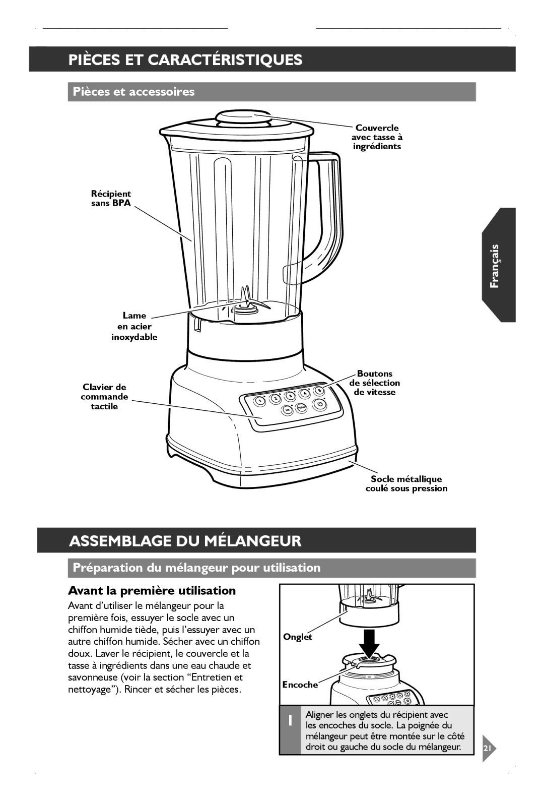 KitchenAid KSB1570 manual Pièces ET Caractéristiques, Assemblage DU Mélangeur, Pièces et accessoires 