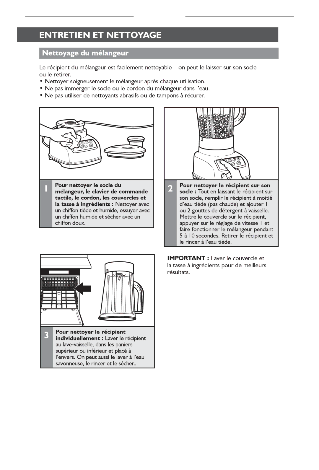 KitchenAid KSB1570 Entretien ET Nettoyage, Nettoyage du mélangeur, Pour nettoyer le socle du, Pour nettoyer le récipient 