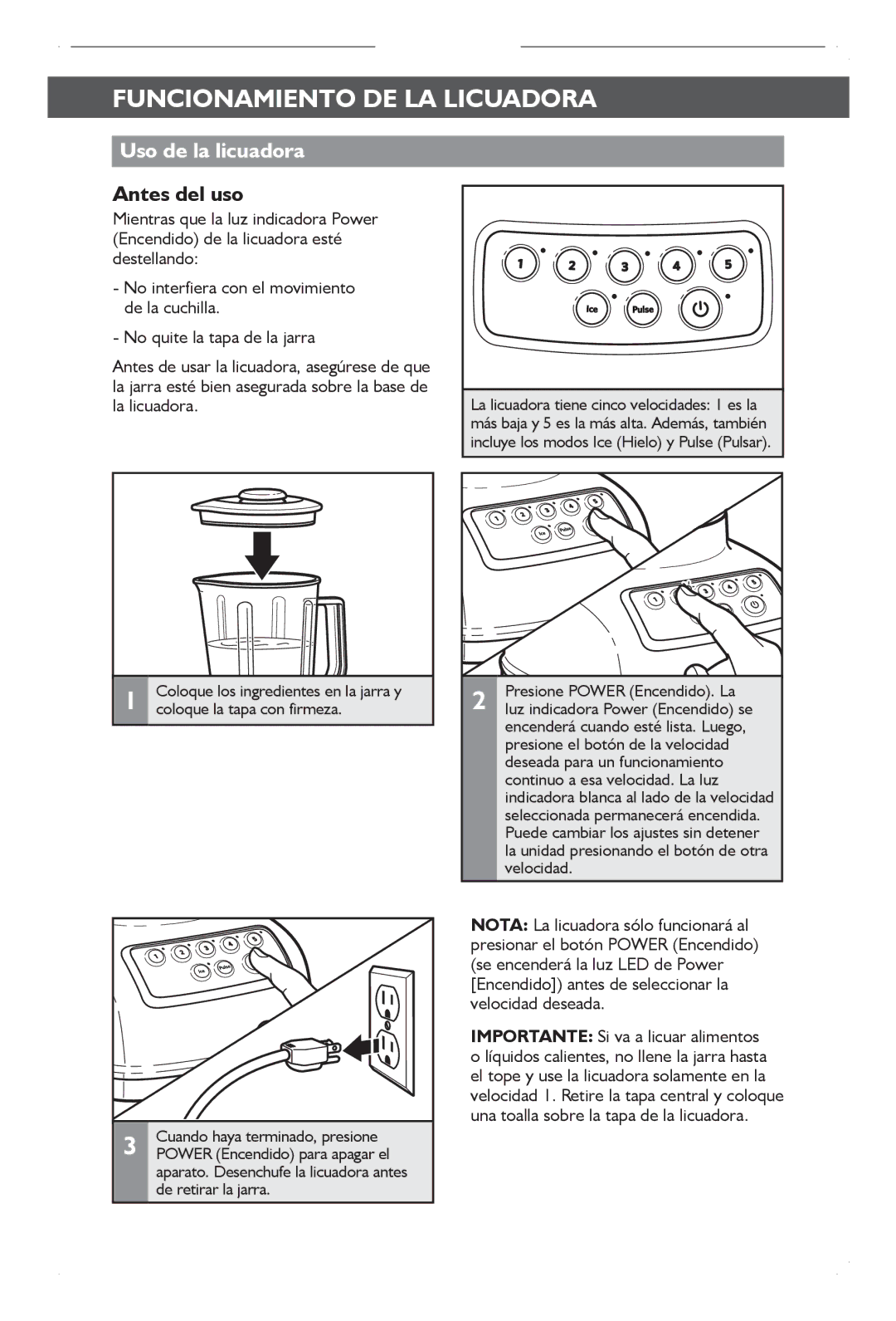 KitchenAid KSB1570 manual Funcionamiento DE LA Licuadora, Uso de la licuadora 