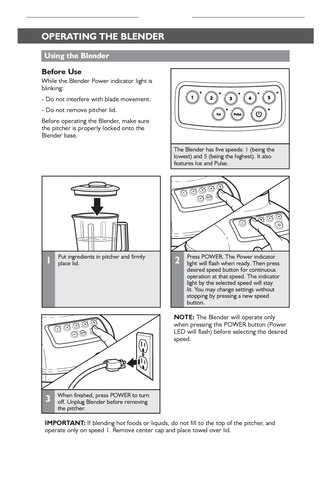 KitchenAid KSB1570 manual Operating the blender, Using the Blender 