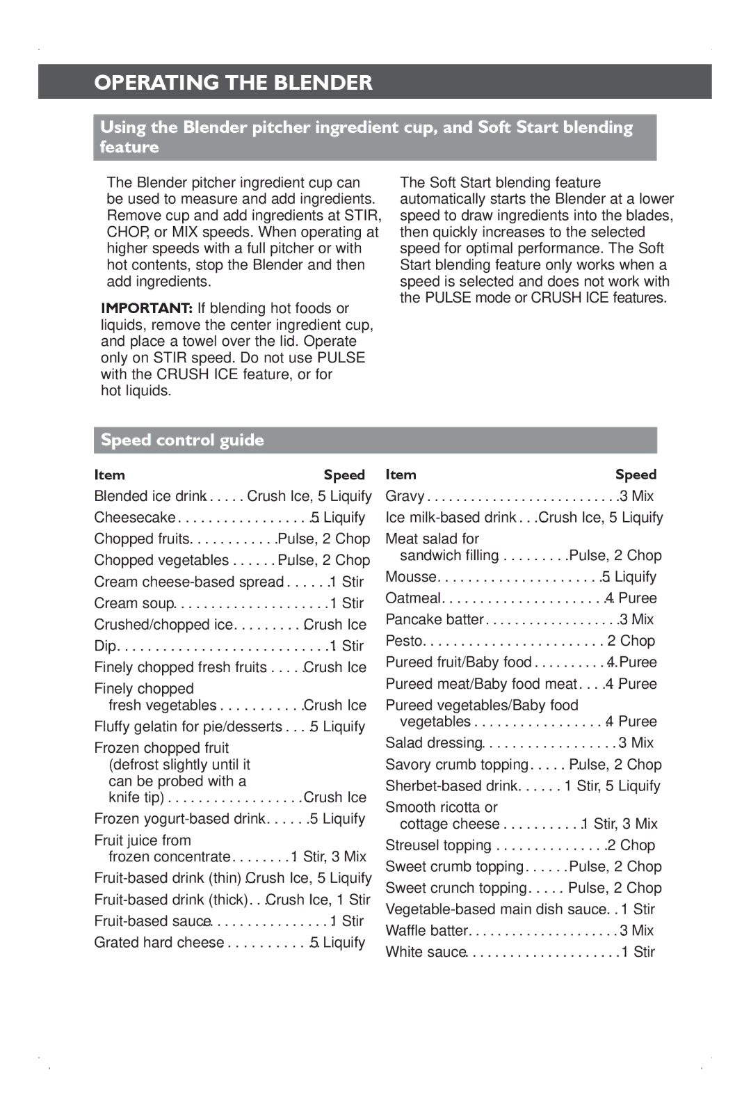 KitchenAid KSB1575 manual Speed control guide 