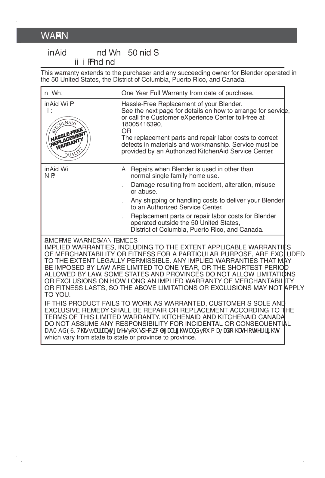 KitchenAid KSB1575 manual Length of Warrranty, KitchenAid Will Pay, For Your Choice, Not Pay for 