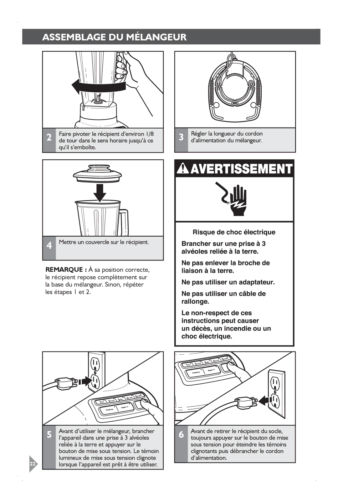 KitchenAid KSB1575 manual Avant de retirer le récipient du socle 