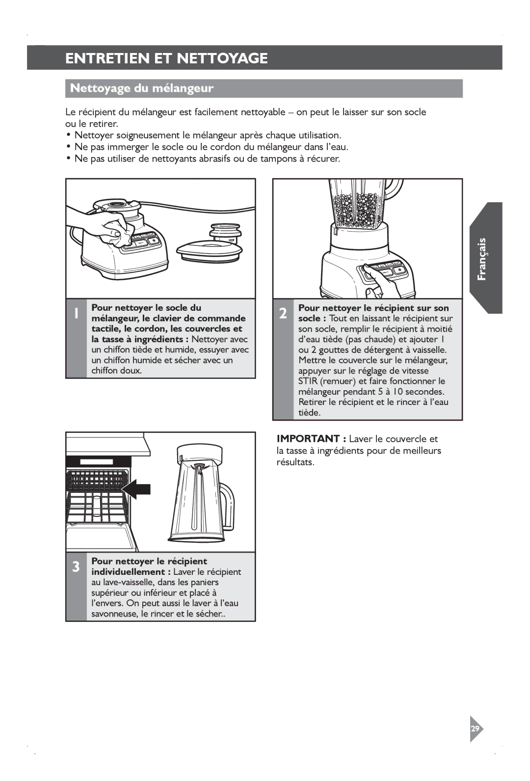 KitchenAid KSB1575 manual Entretien ET Nettoyage, Nettoyage du mélangeur 