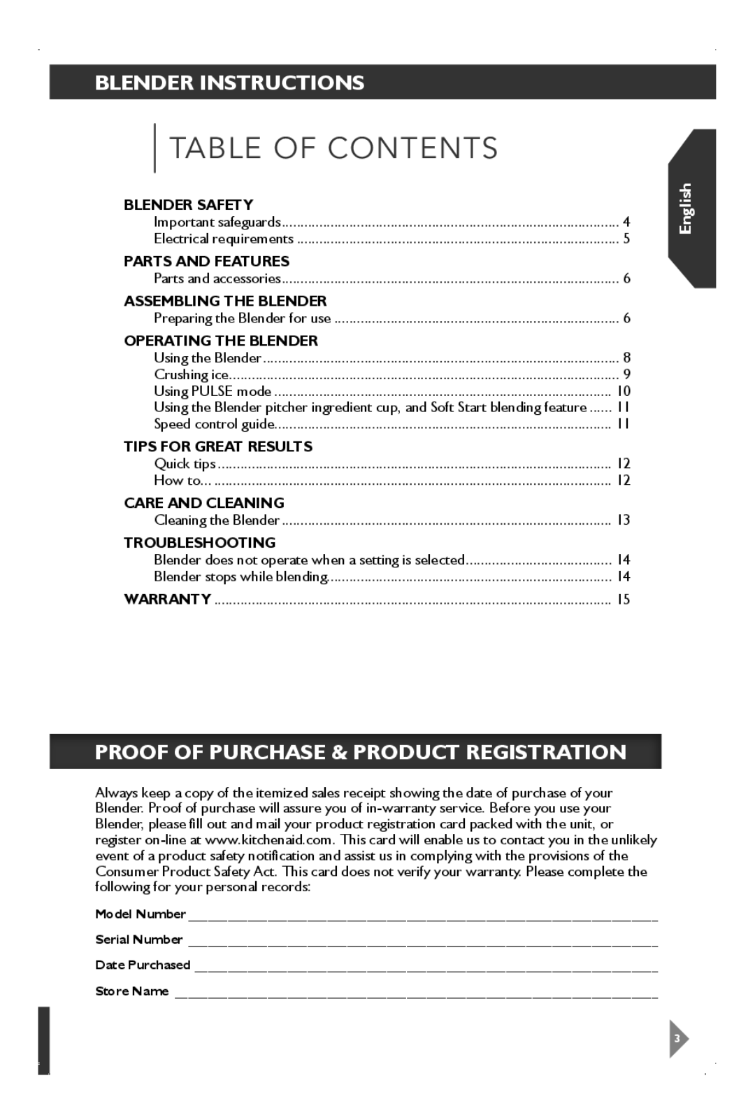 KitchenAid KSB1575 manual Table of Contents 