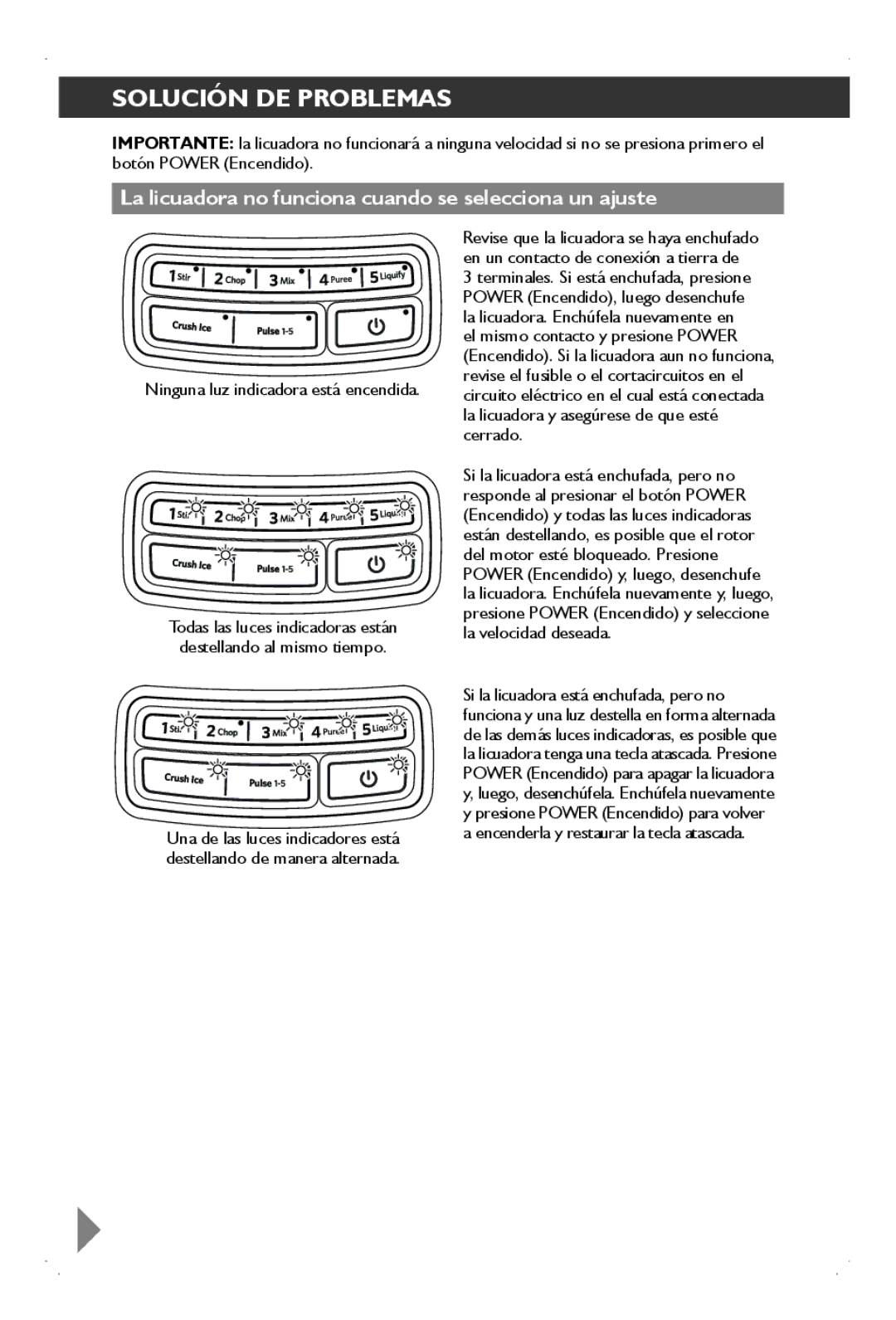 KitchenAid KSB1575 manual Solución DE Problemas, La licuadora no funciona cuando se selecciona un ajuste 