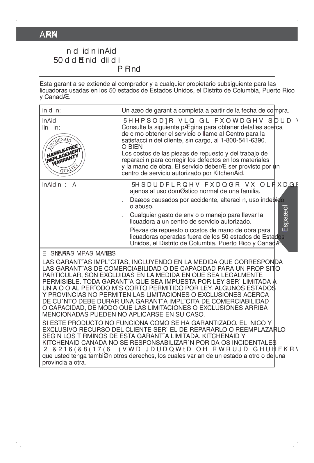 KitchenAid KSB1575 manual Garantía, Duración de la garantía, KitchenAid pagará por lo, Siguiente, a su elección 