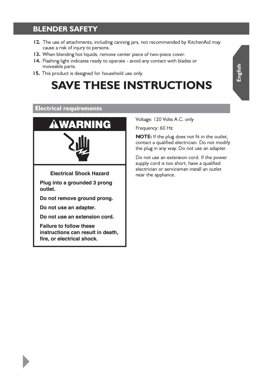 KitchenAid KSB1575 manual Electrical requirements 